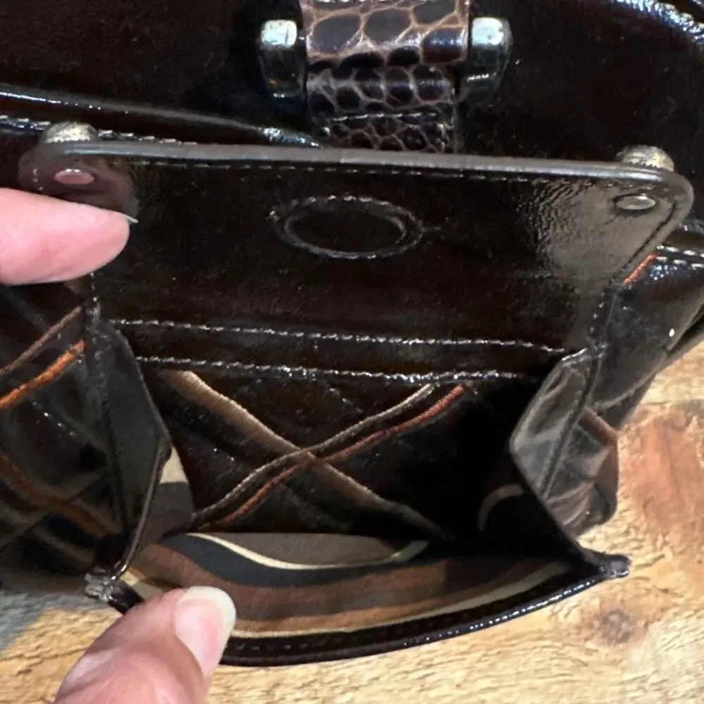 Brighton Maude Satchel Bag Purse Brown Quilted Patent Leather
